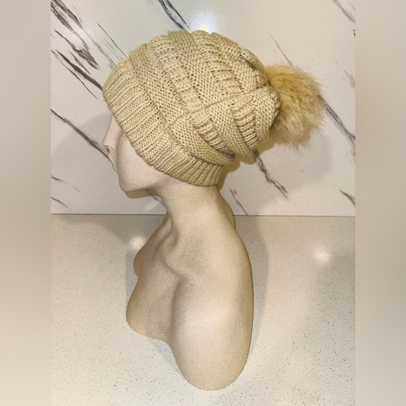 Tan Knit C.C. Hat Beanie with Faux Fur Pom - Picture 4 of 5